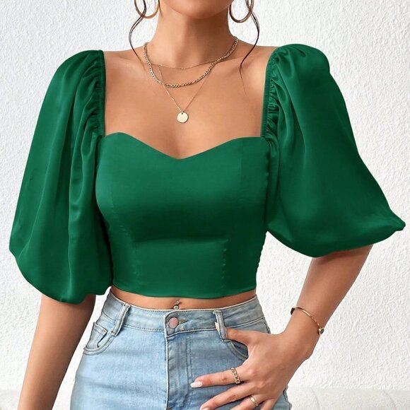 . Tops - Dark Green Casual Women's Sweetheart Neck Puff Sleeve Crop Blouse